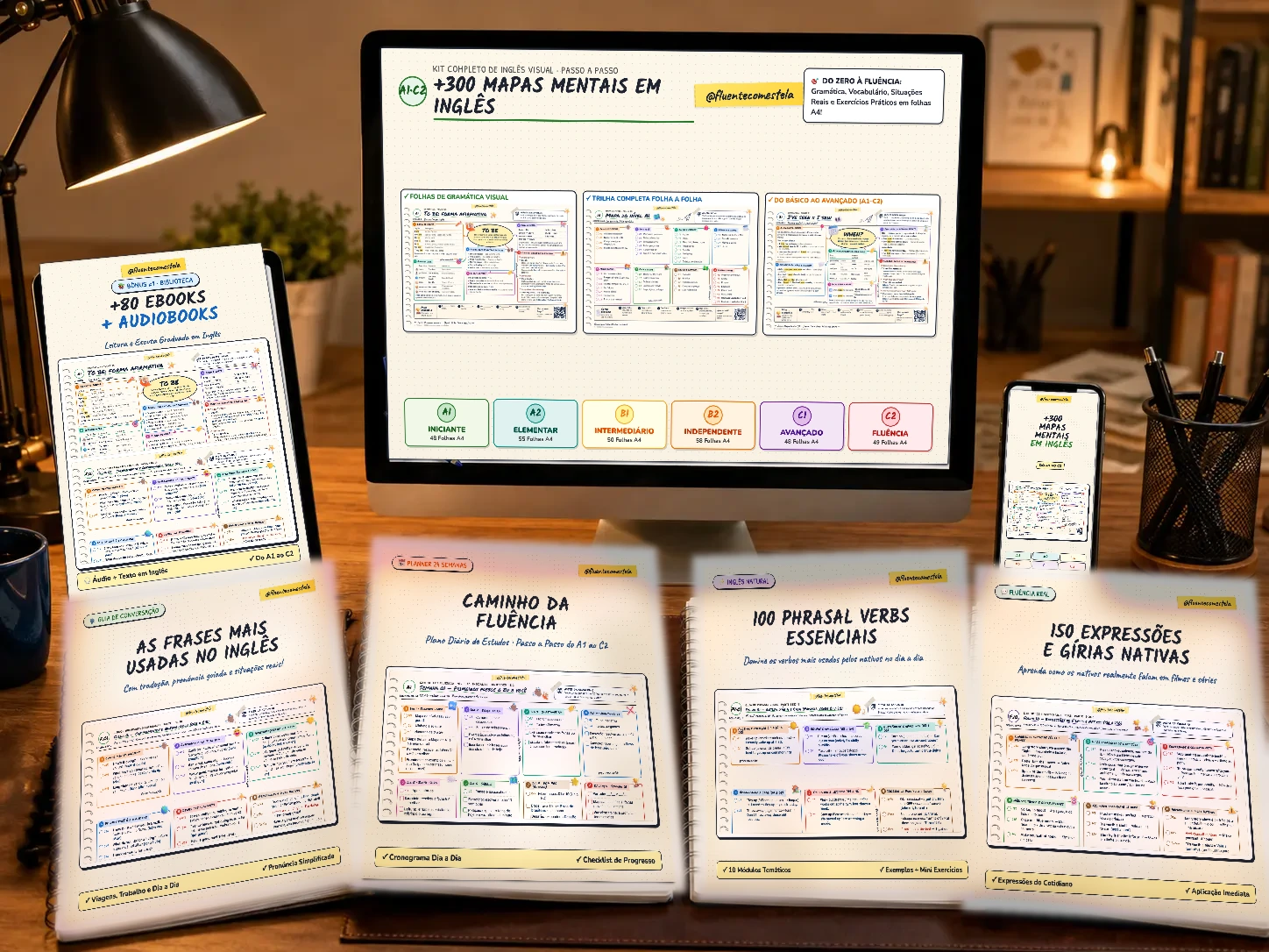 Mockup do Kit Completo de Inglês Visual — @fluentecomestela